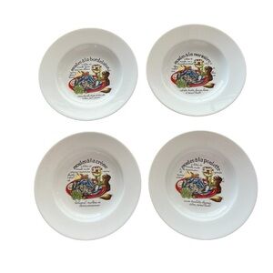 Limoges France Rimmed Soup Bowls Mussels Graphic and Spellout Whimsical FOUR